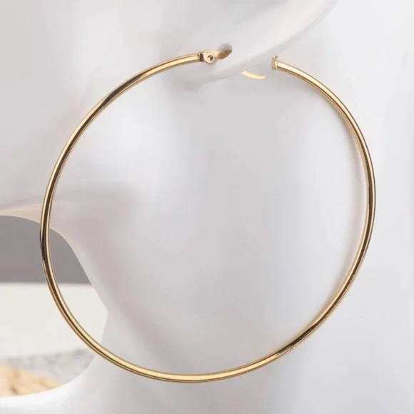 Gold Tone Large Hoop Earrings Zinc Alloy Round - Picture 2 of 7